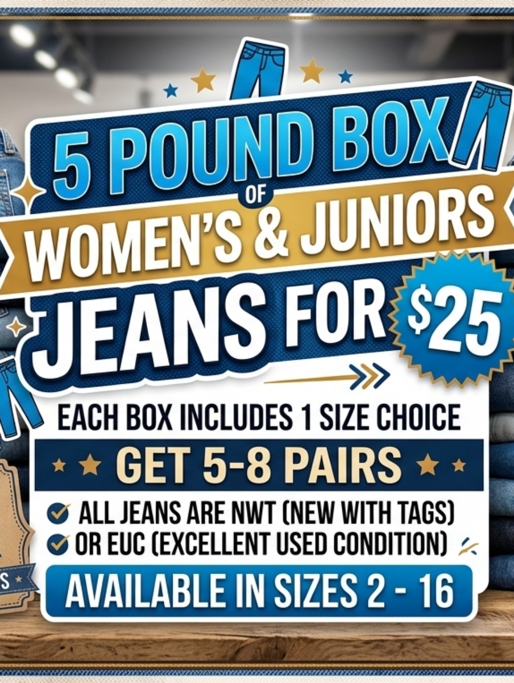 Mystery 5 Pound Box of Women's & Juniors Jeans - Available In Sizes 2-16